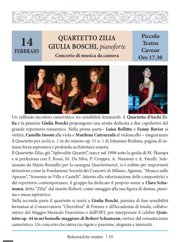 BolsenArte Winter Music Festival 2025/26 – Quartetto Zilia e Giulia Boschi al pianoforte