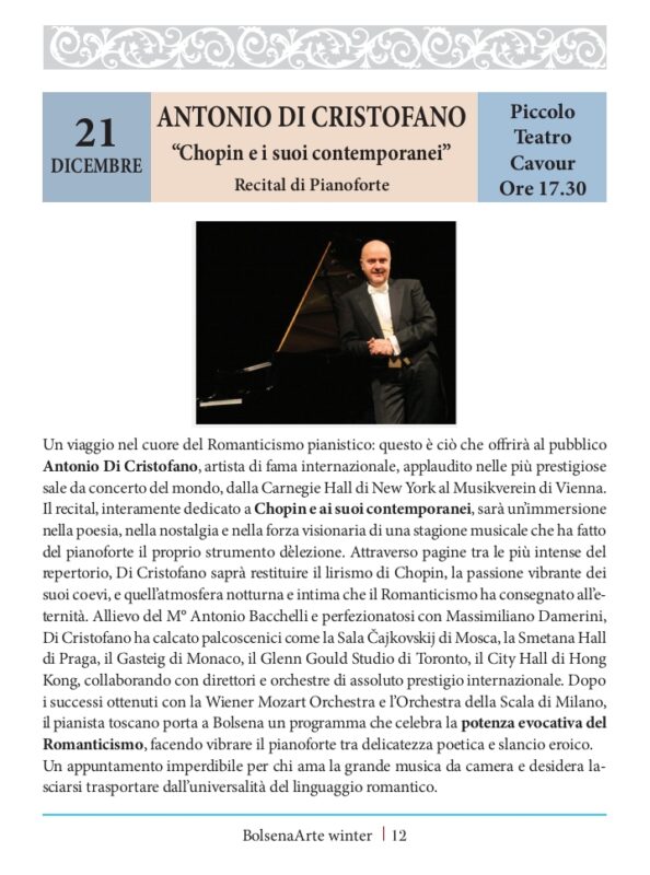 BolsenArte Winter Music Festival 2025/26 – Antonio di Cristofano „Chopin und seine Zeitgenossen“ – Klavierrezital