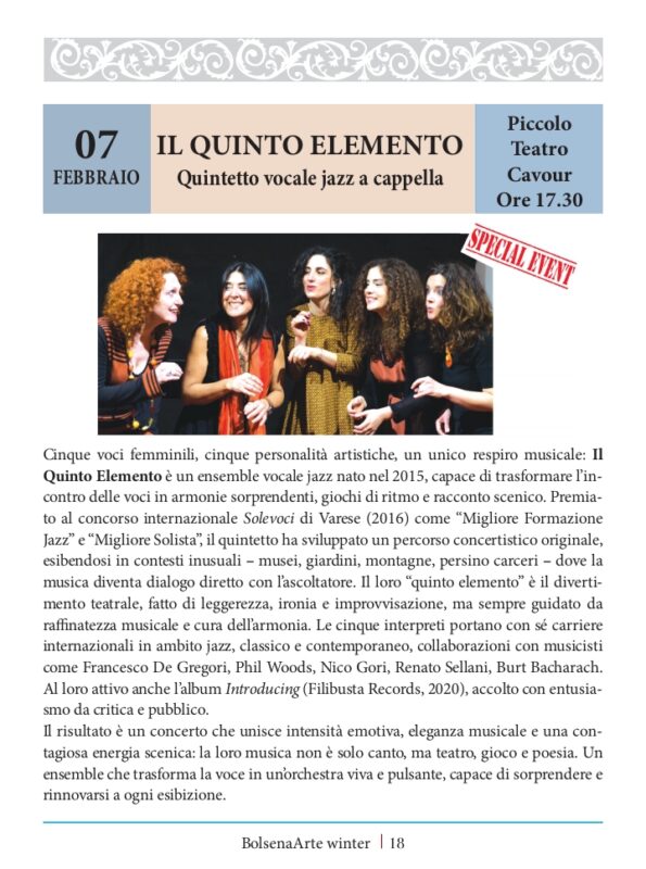 BolsenArte Winter Music Festival 2025/26 – Il Quinto Elemento – Quintetto vocale Jazz a cappella