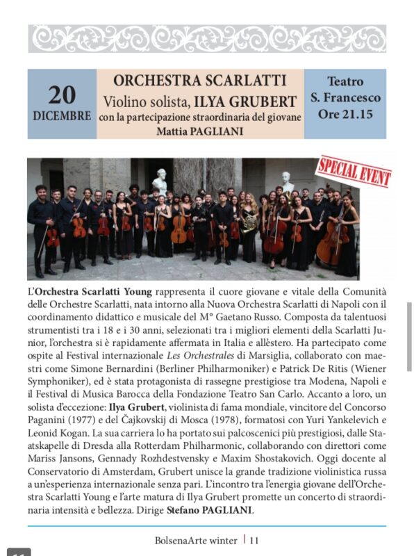 BolsenArte Winter Music Festival 2025/26 – Orchestra Scarlatti mit dem Violinsolisten Ilya Grubert mit der außerordentlichen Teilnahme des jungen Mattia Pagliani