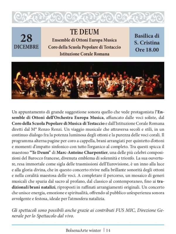 BolsenArte Winter Music Festival 2025/26 – “Te Deum” Ensamble di Ottoni Europa Musica, Coro della Scuola Popolare di Testaccio, Istituzione Corale Romana