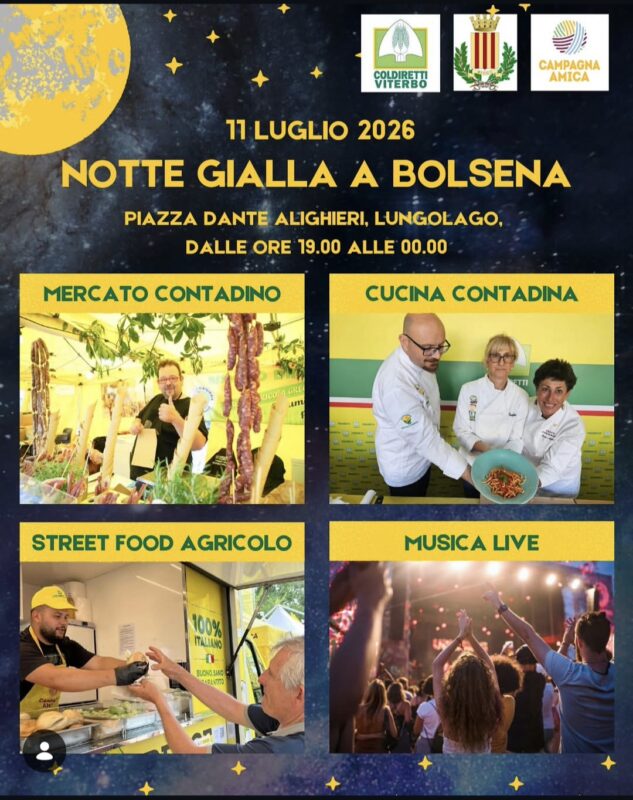 Notte Gialla a Bolsena 2026 – Mercato contadino, street food e musica sul lungolago