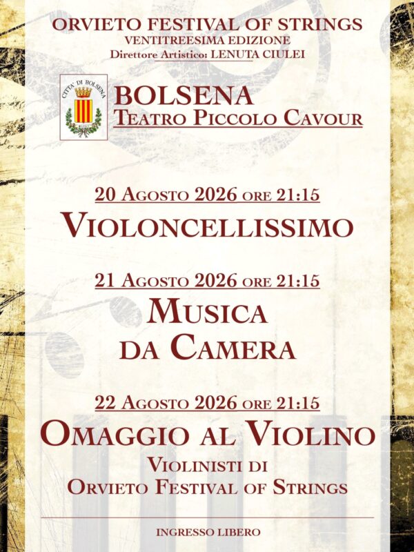 Orvieto Festival of Strings a Bolsena: tre concerti dal 20 al 22 agosto 2026